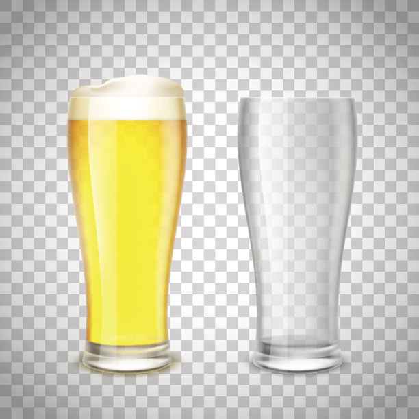 一套玻璃，空和啤酒在一个透明的背景。素材图片