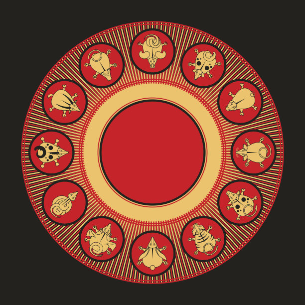 农历生肖圆。鼠蛇猪鸡兔马猴狗虎牛鼠矢量插画。红色背景上的黑色和金色图片下载