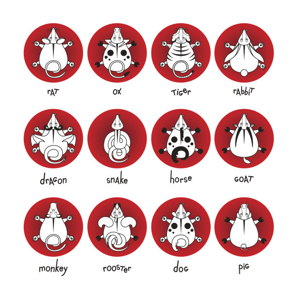 中国十二生肖图标集。鼠蛇龙猪鸡兔马猴狗虎牛鼠，矢量卡通插画。红色背景上的黑白图片下载