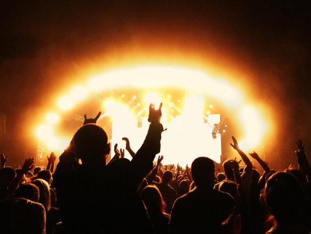 在灯光照亮的舞台前观看摇滚音乐会的人群图片下载