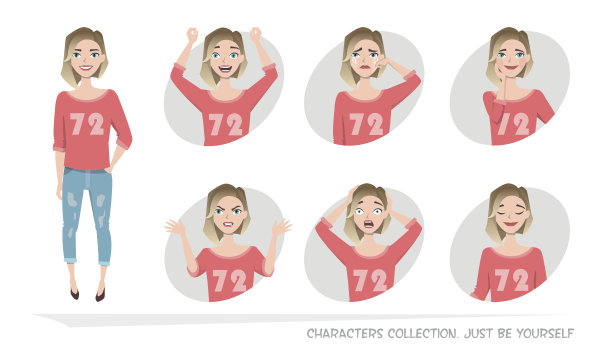对年轻女子的一系列情绪和手势。图片下载