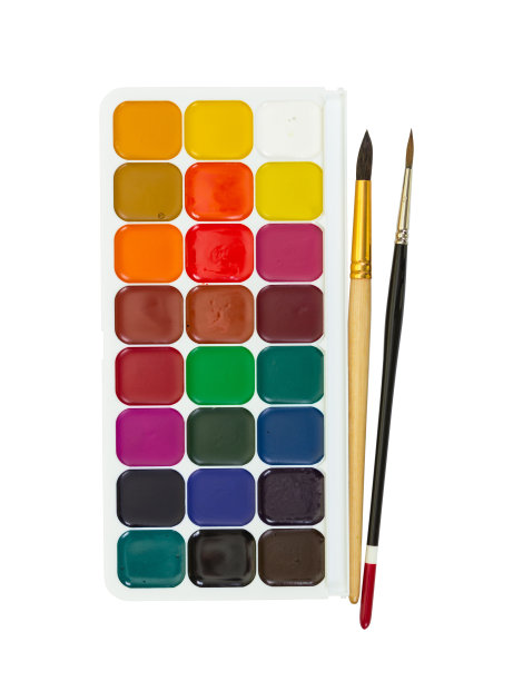 儿童水彩颜料和两支画笔素材图片