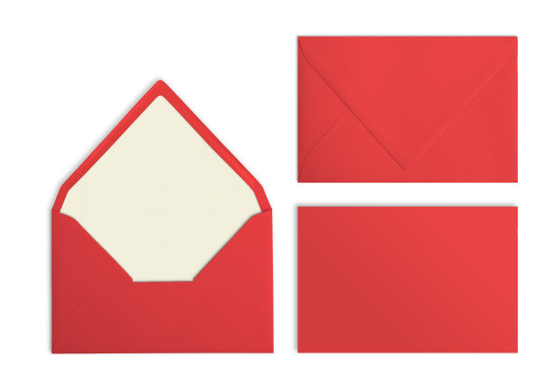 珊瑚红信封一套，模型。白色背景的集合。图片下载
