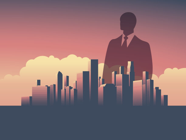 城市天际线和商人站在旁边的城市景观。双重曝光向量图片下载