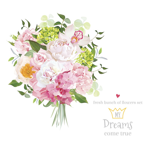 美丽的向量花束牡丹，玫瑰，康乃馨，绣球，素材图片