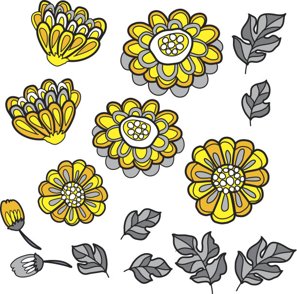 黄色装饰风格的花秋天元素集。图片下载