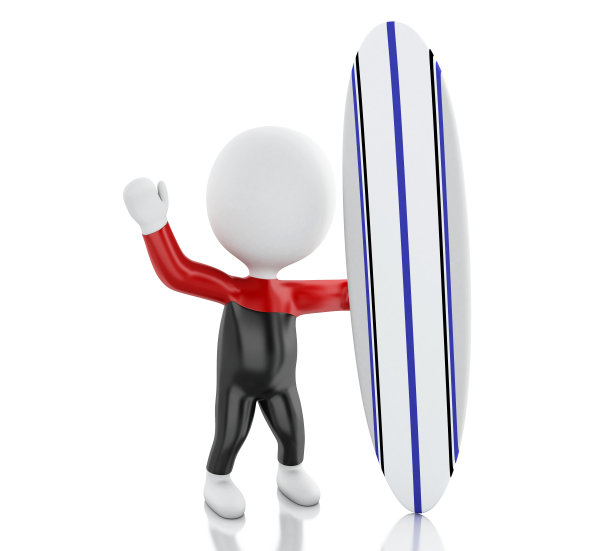 3d白人与冲浪板和穿戴设备。图片下载