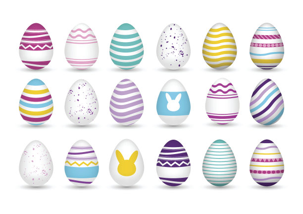 一套18个彩色逼真的复活节彩蛋。图片下载