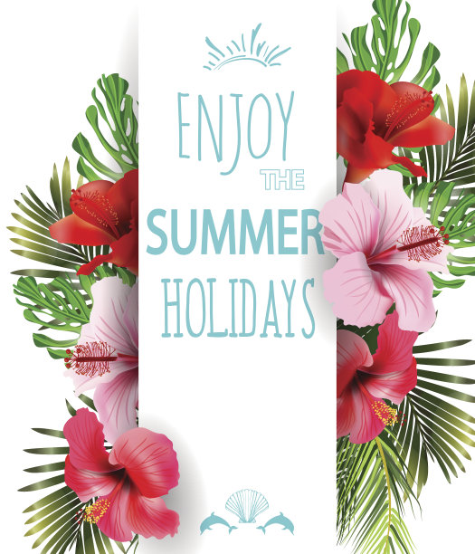 以热带花卉为背景的暑假。模板向量。图片下载