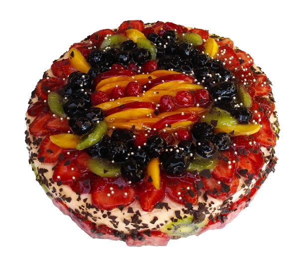 美味的新鲜蛋糕，果冻和水果隔离在白色图片下载