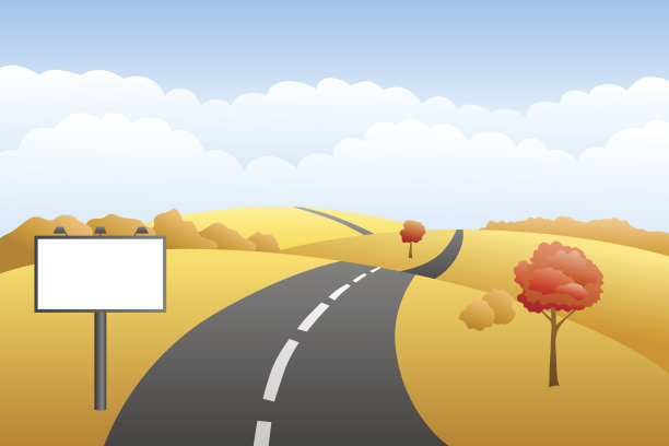 风景山秋日路广告牌插画矢量图片下载