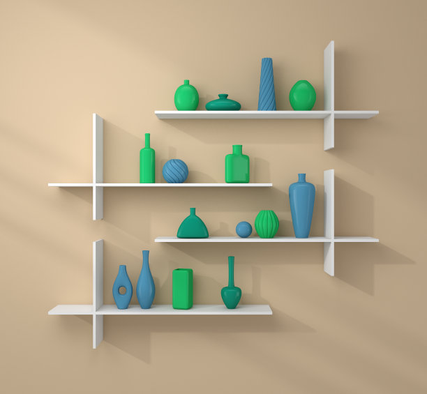 用简单的陶瓷装饰的书架。图片下载