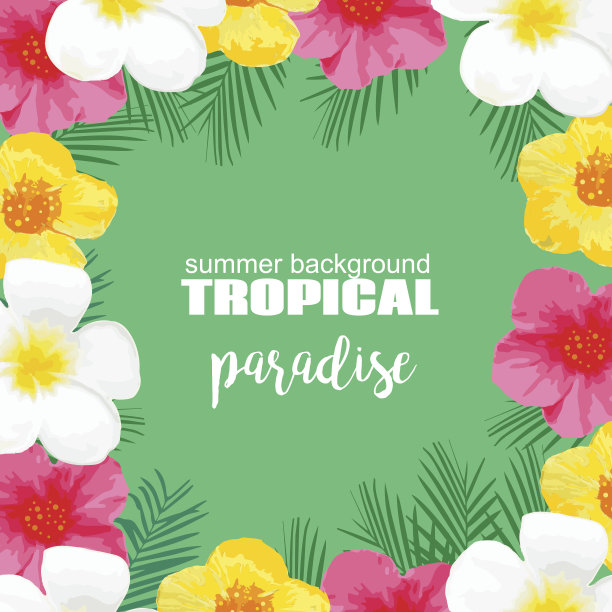 热带夏季海报与异国情调的花，棕榈叶。图片下载