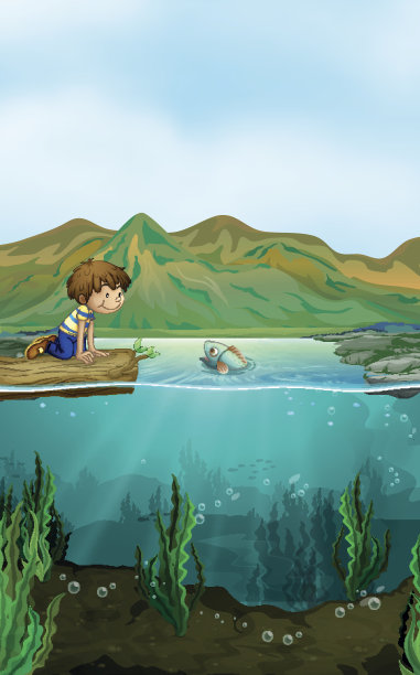 男孩和鱼的自然场景图片下载
