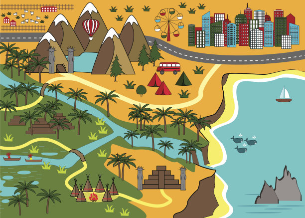 卡通地图与有趣的冒险对象图片下载