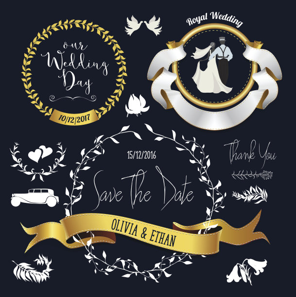 婚礼集。金色的丝带横幅。花卉。徽章图片下载