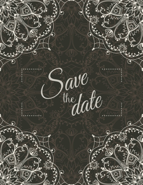 婚礼邀请卡与白色曼荼罗在黑暗的背景，插图图片下载