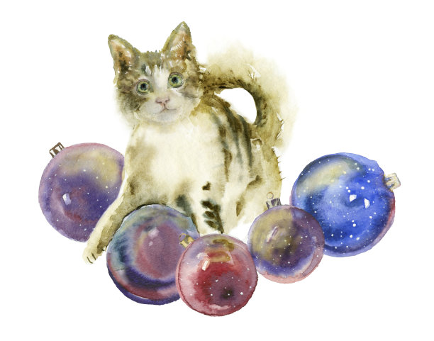 圣诞球水彩猫图片下载
