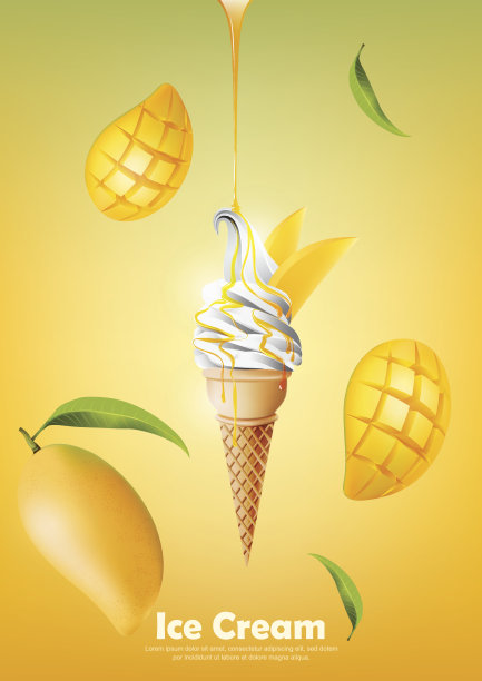 冰淇淋甜筒，倒芒果糖浆和芒果背景，矢量图片下载
