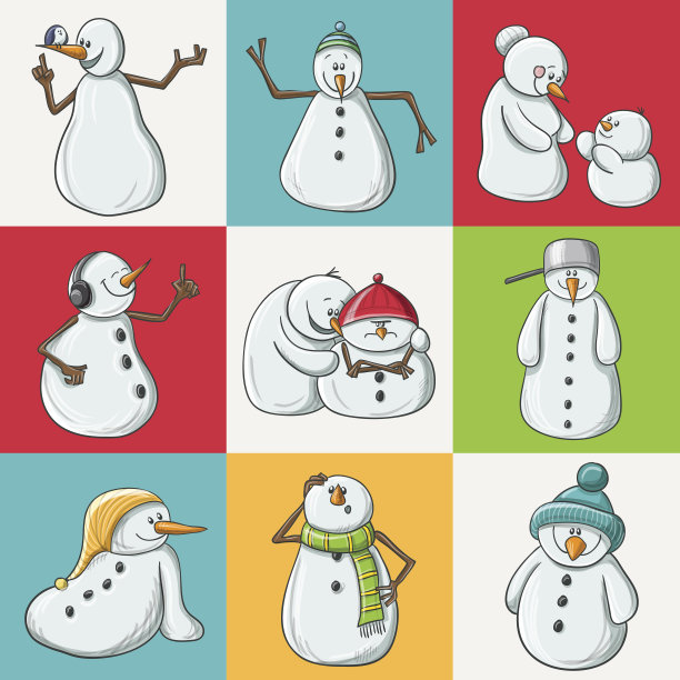彩色方块上的雪人人物集合图案图片下载