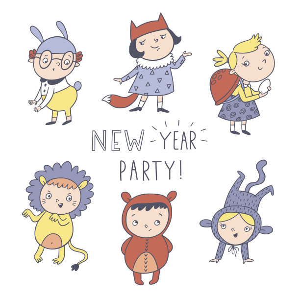 新年聚会。儿童化装舞会向量集图片下载
