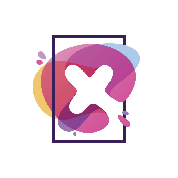 在水彩飞溅背景的方形框架X字母图标。图片下载