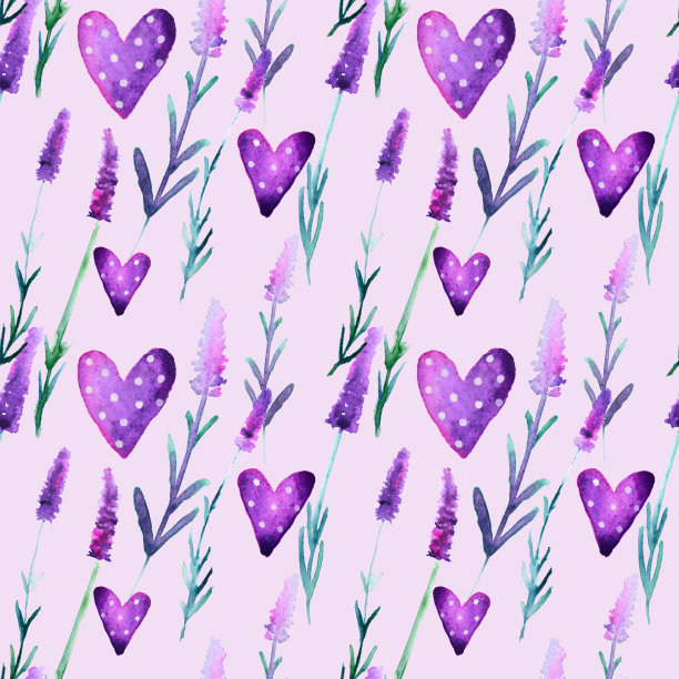 美丽的水彩薰衣草和紫色的心，手绘插图图片下载