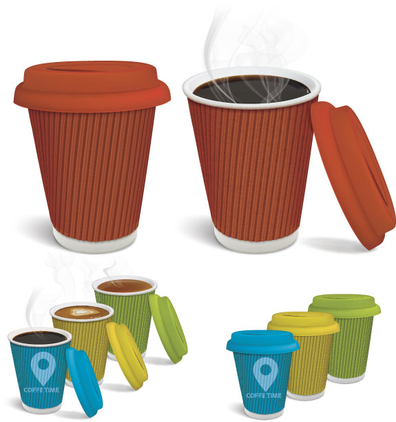 茶，卡布奇诺，还有纸杯咖啡。矢量图图片下载