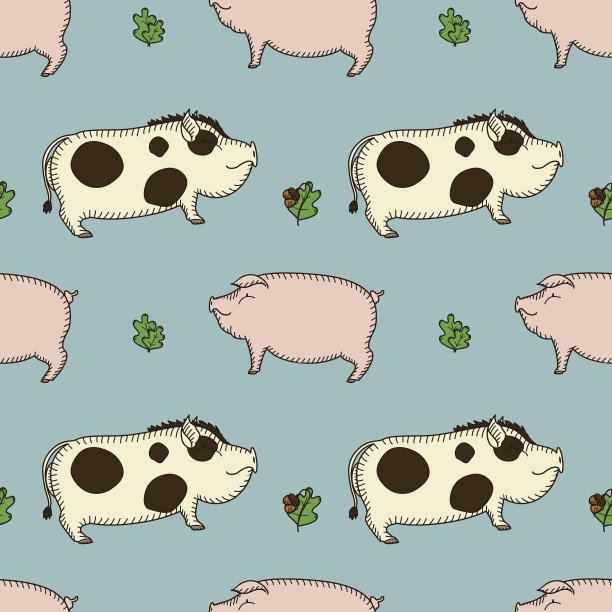 简单无缝矢量模式与猪，野猪和橡树枝素材图片