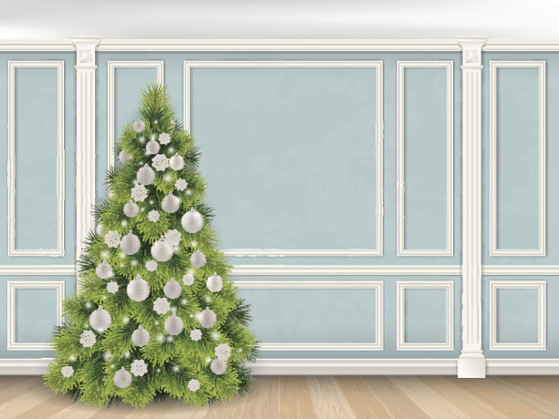 圣诞树上的蓝色墙壁与壁柱的背景图片下载