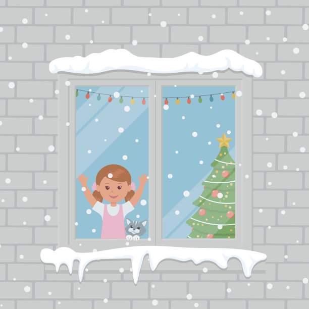 孩子很高兴看到雪花望着窗外。图片下载