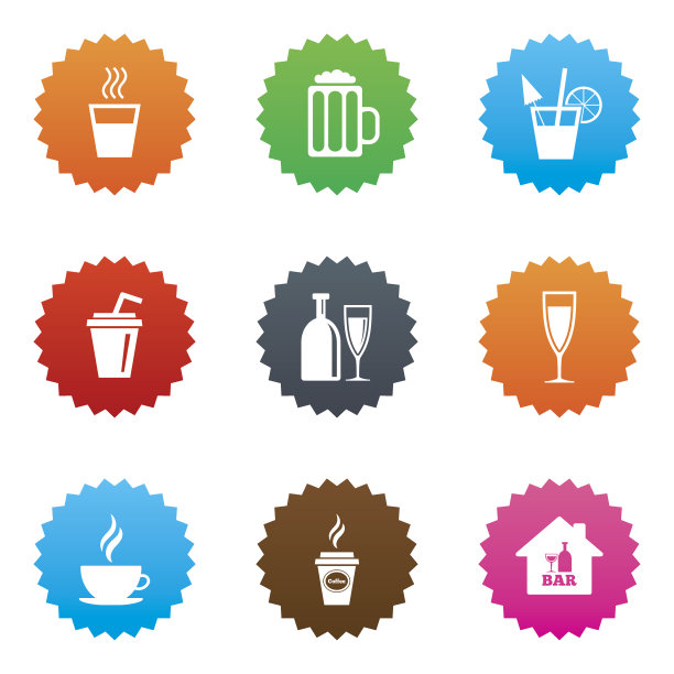 鸡尾酒,啤酒图标。咖啡和茶饮料。图片下载