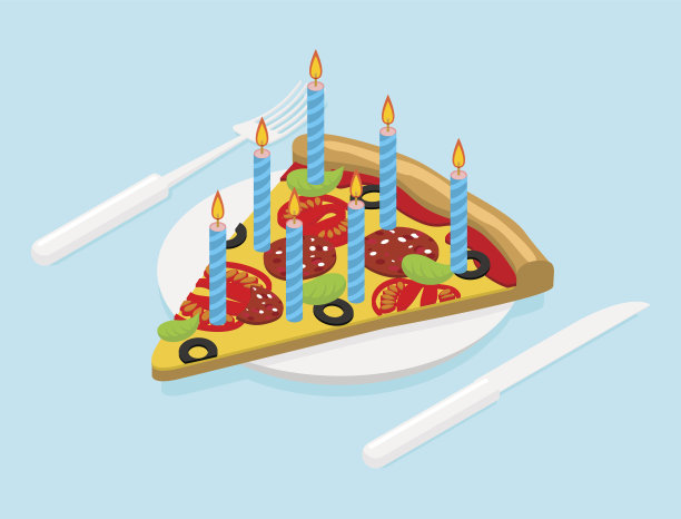 生日披萨与蜡烛等距。节日快餐。C图片下载