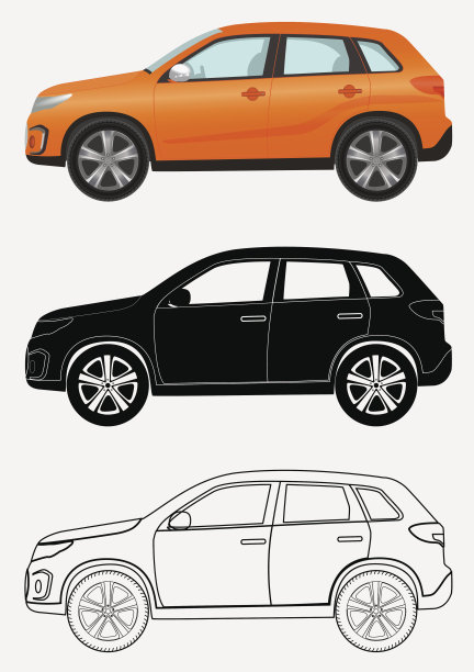 三种不同风格的越野车:橙色，黑色轮廓，图片下载