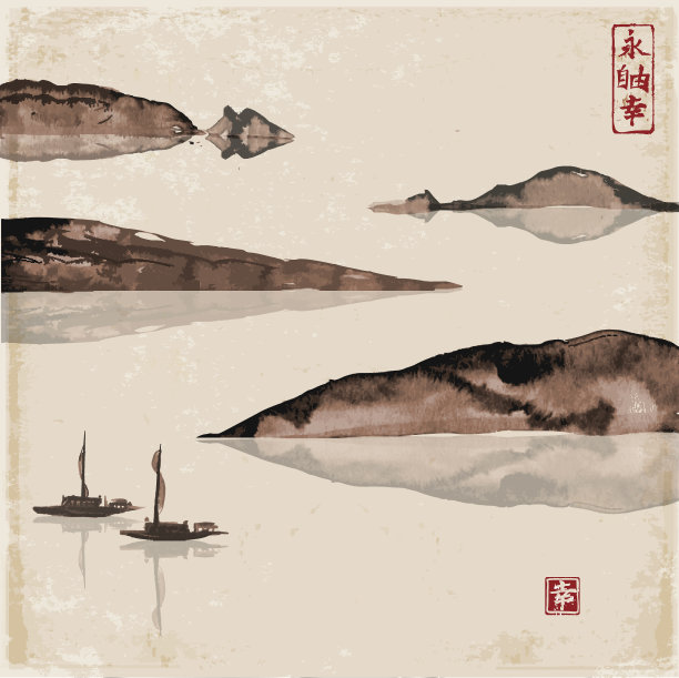 两艘渔船和一座山。传统的日本水墨画。图片下载