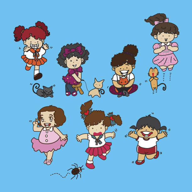 插图向量可爱的女孩与猫Set2图片下载