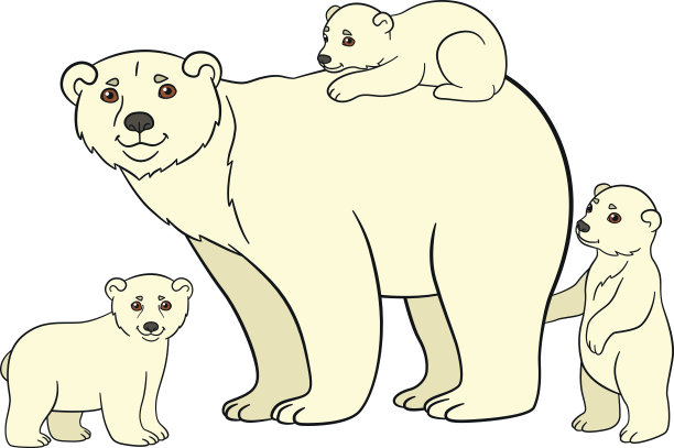 卡通动物。北极熊妈妈和她的孩子们。素材图片