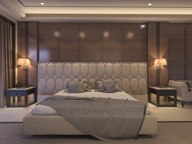3d渲染经典卧室与豪华装饰和浪漫的床图片下载