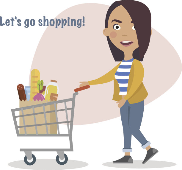 快乐女孩和装满食物的购物车。Buyer.Sale。图片下载