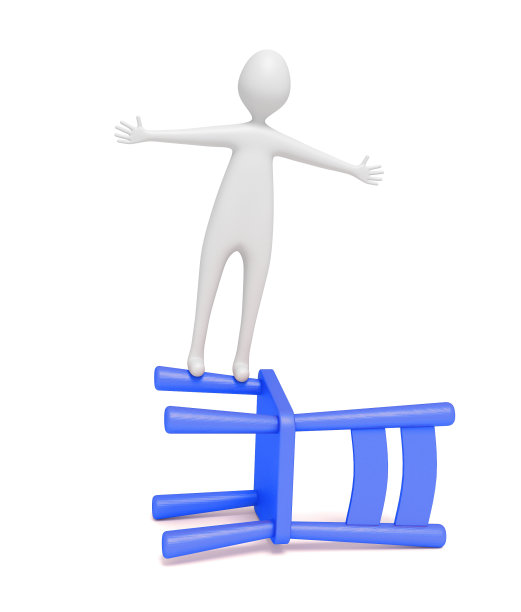 3d人在蓝色木制椅子上保持平衡，3d插图图片下载