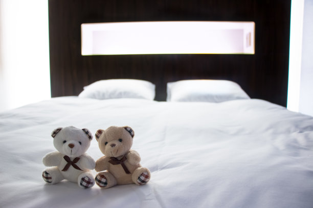 一对小熊娃娃坐在双人床上，现代卧室图片下载