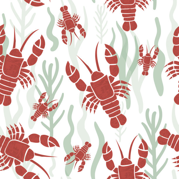 无缝模式与龙虾。海味配龙虾、海藻。图片下载