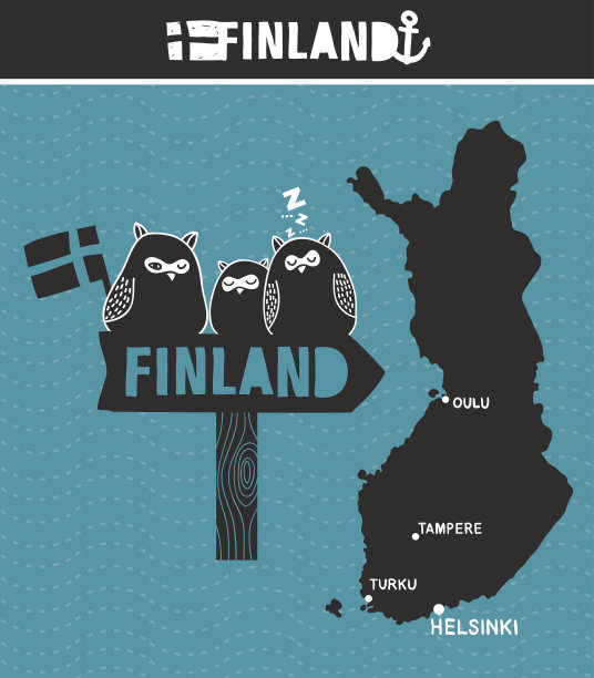 创造性的芬兰。地图和带可爱猫头鹰的木制路标。图片下载