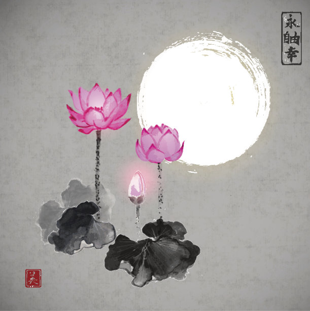 粉红色的荷花和月亮。图片下载