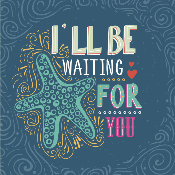 我会等你的。手绘海星与字母。图片下载