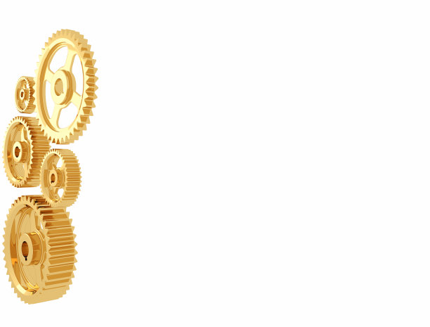 在机械装置中使用金色齿轮。三维渲染图片下载