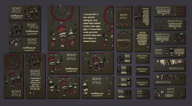 有弓箭，捕梦网，羽毛的种族飞行物。波西米亚设计手册模板。图片下载