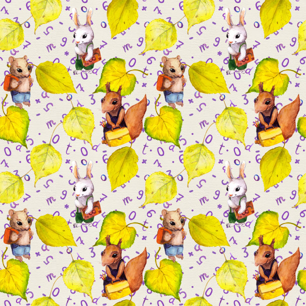 无缝的学校图案-幼稚的动物，秋天的树叶，字母。水彩图片下载