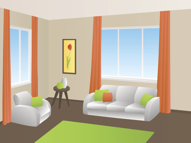 客厅室内沙发、扶手椅、窗户插图矢量图片下载