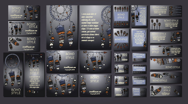 有弓箭，捕梦网，羽毛的种族飞行物。波西米亚设计手册模板。图片下载